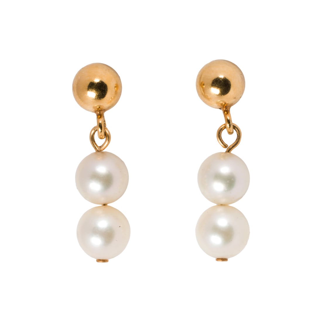 A pair of pearl and 14k gold earrings: A pair of pearl and 14k gold earringseach featuring two cultured pearls; length 3/4 in; 2.0 grams