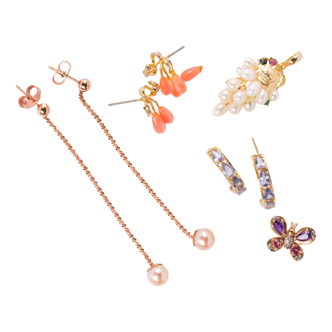 A group of hardstone and 14k gold jewelry: A group of hardstone and 14k gold jewelryDesigned with a variety of materials including amethyst, coral, and cultured pearls; gross weight: 10.70 grams