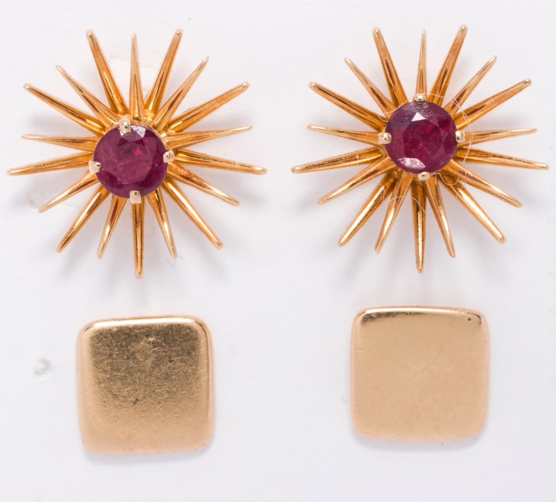 Three pairs of ruby, 14k, and 18k gold studs and jackets (1 of 1)