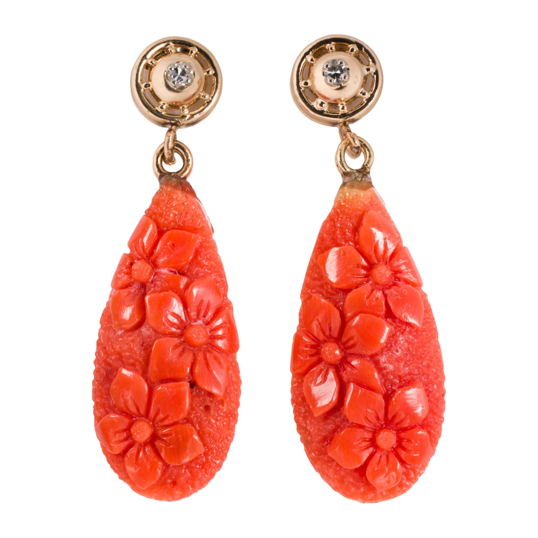 A pair of coral, diamond and 14k gold earrings (1 of 1)