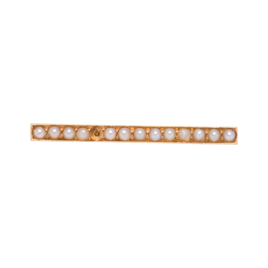 A seed pearl and 14k gold bar pin: A seed pearl and 14k gold bar pinFeaturing 13 channel set seed pearls; length: 1 1/4 in; 1.55 grams