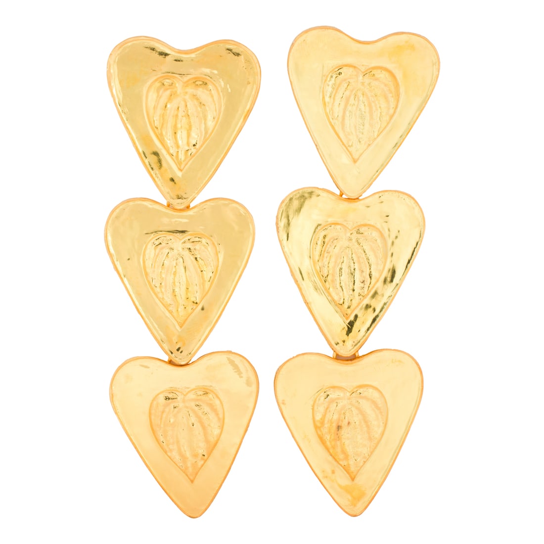 A pair of gold-tone earrings: A pair of gold-tone earringsDesigned as three hearts with leaf imprints; length: 4 in; 42.00 grams