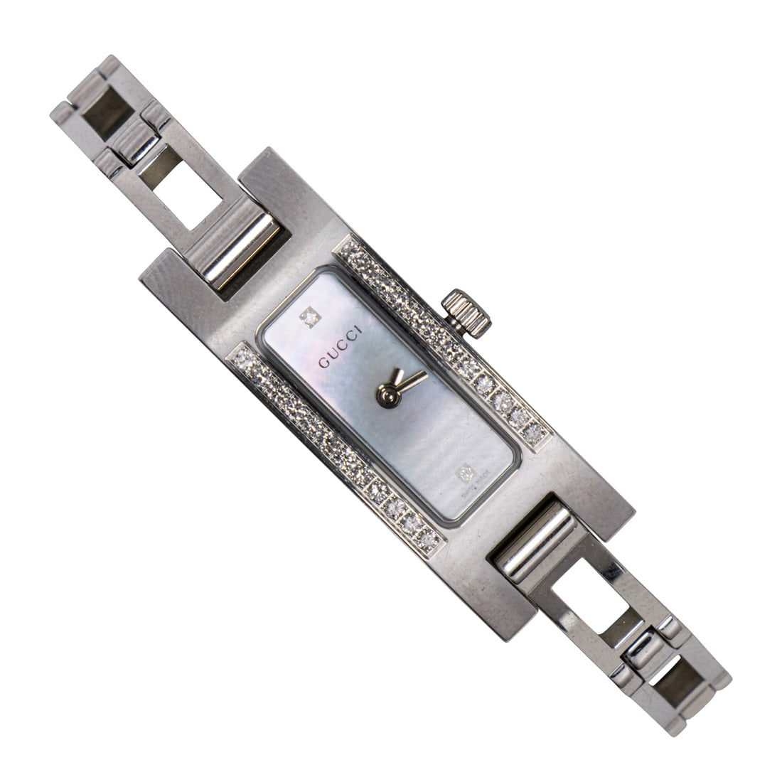 A Gucci diamond, mother of pearl, and stainless steel watch: A Gucci diamond, mother of pearl, and stainless steel watchReference no.: 3900LCase no.: 0405305The mother of pearl face, 12 and 6 indices denoted with round-cut diamonds, stainless steel stick hands,