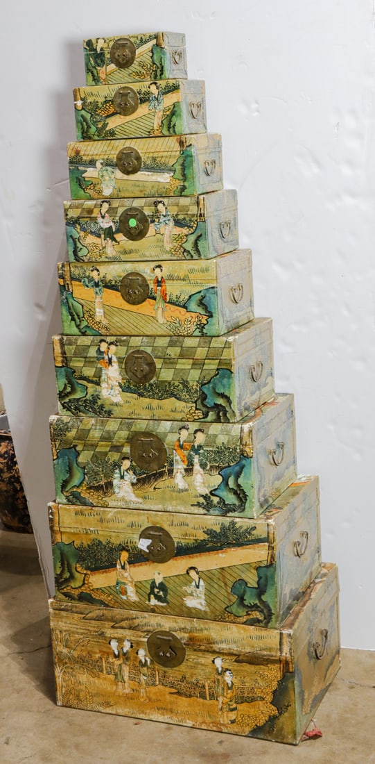 A set of nine Chinese hand painted nesting trunks (1 of 1)