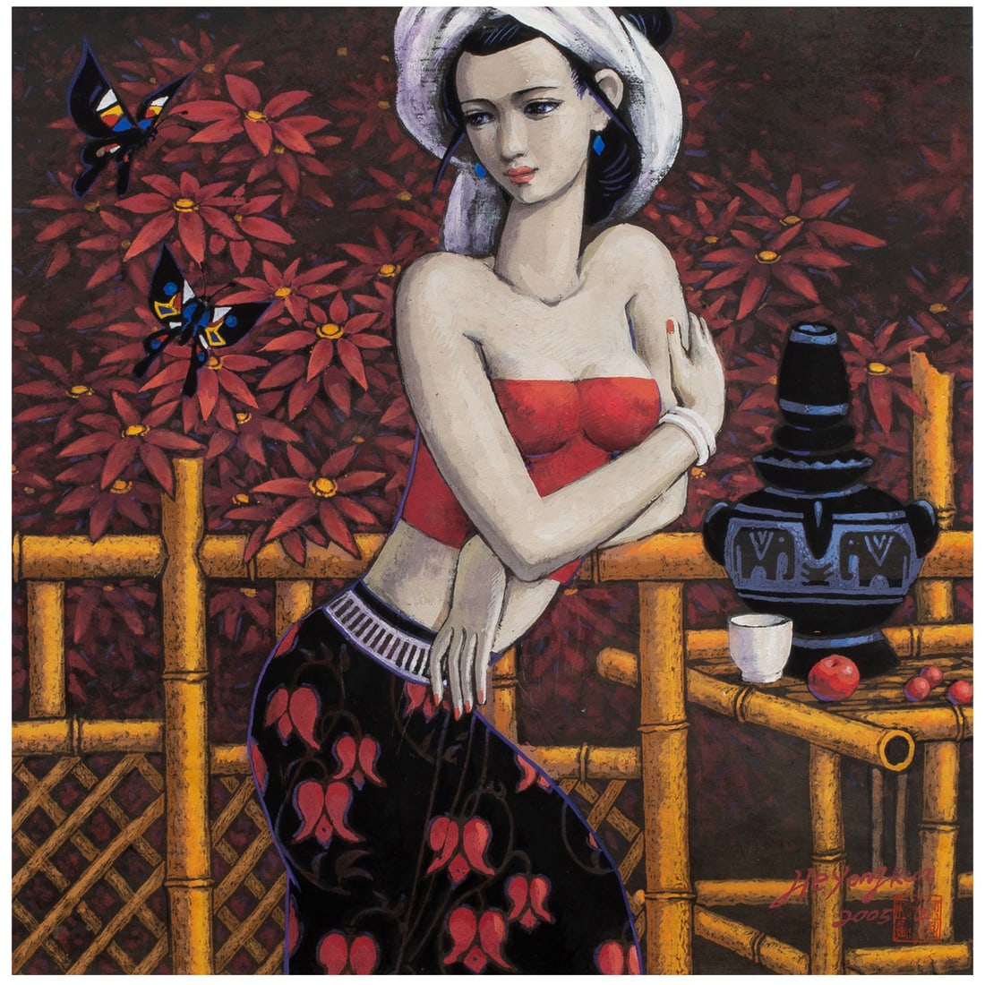 He Yongkun (born 1953) - Autumn Feeling: He Yongkun (born 1953) - Autumn Feeling. Gouache on paper, dated 2005, signed and sealed lower right, framed and glazed, 19.5"h x 19.5"w.