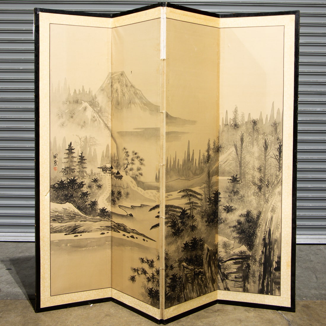A Japanese four-panel folding screen: A Japanese four-panel folding screen. 19th century, 59"h x 62"w.