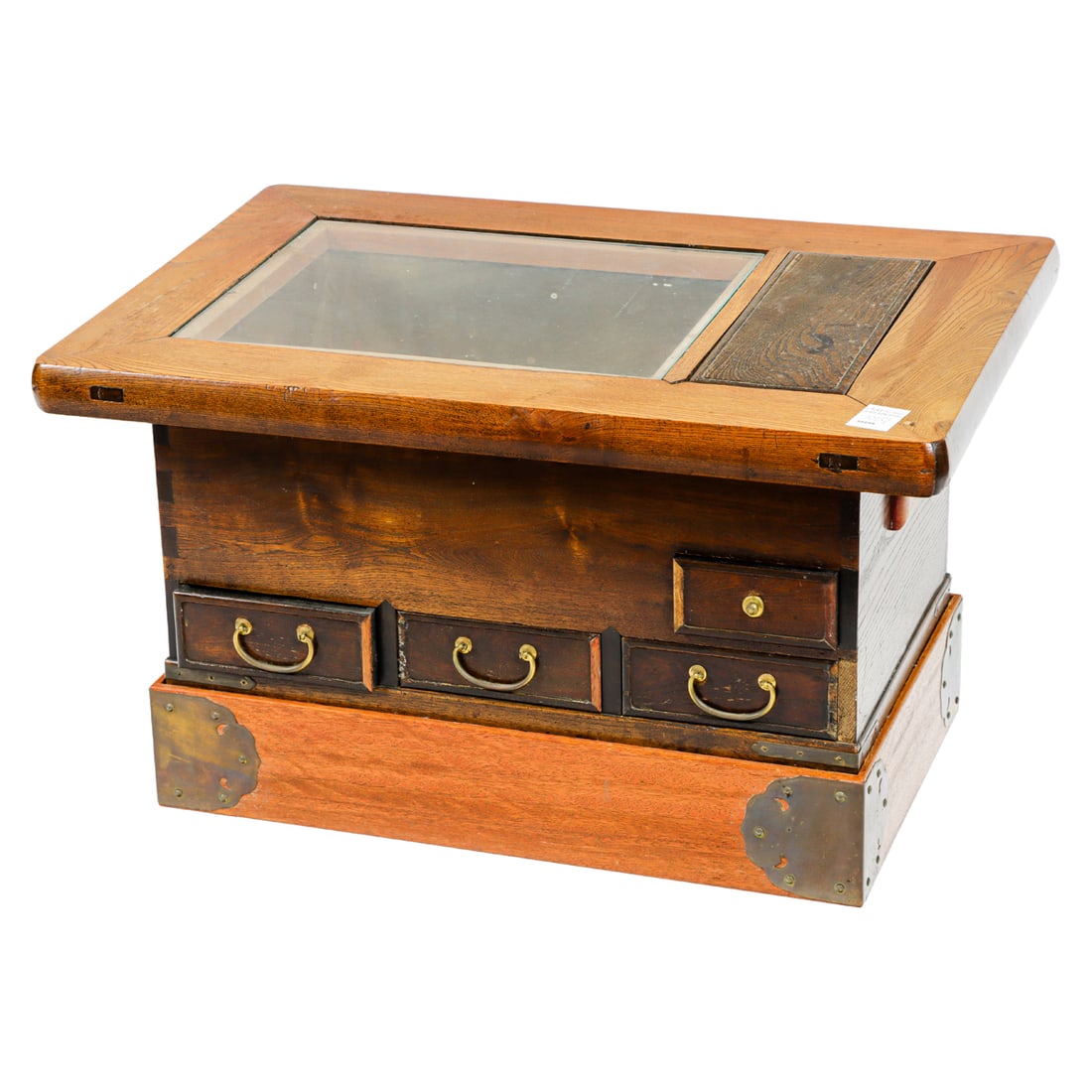 A Japanese keyaki wood hibachi and stand: A Japanese keyaki wood hibachi and stand. 20th century, 16.25"h x 28"w x 19"d.