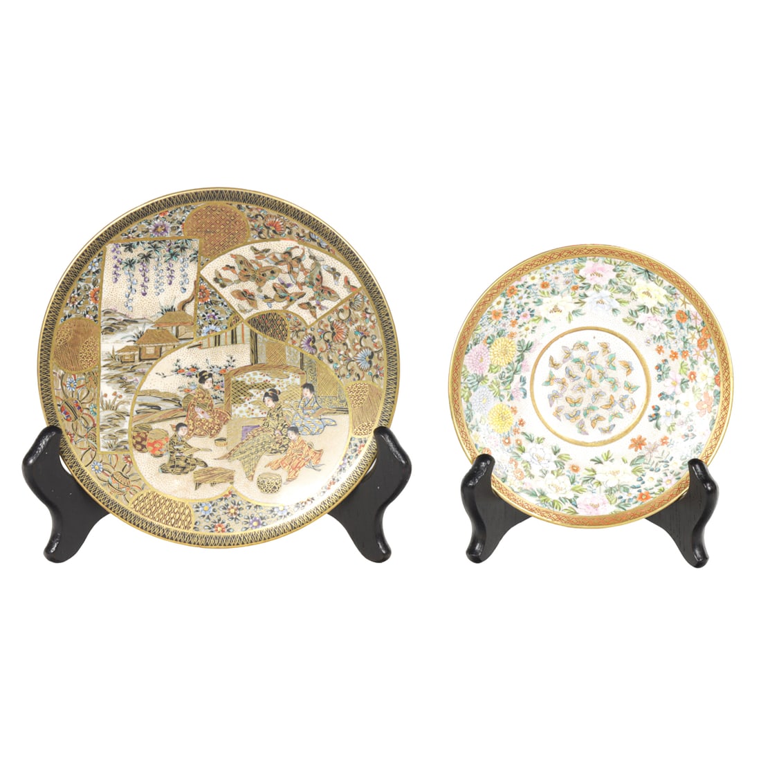 (lot of 2) Satsuma dishes: (lot of 2) Satsuma dishes. Featuring floral and figural design, each signed, Meiji period, from 4.875" to 6.25" across.