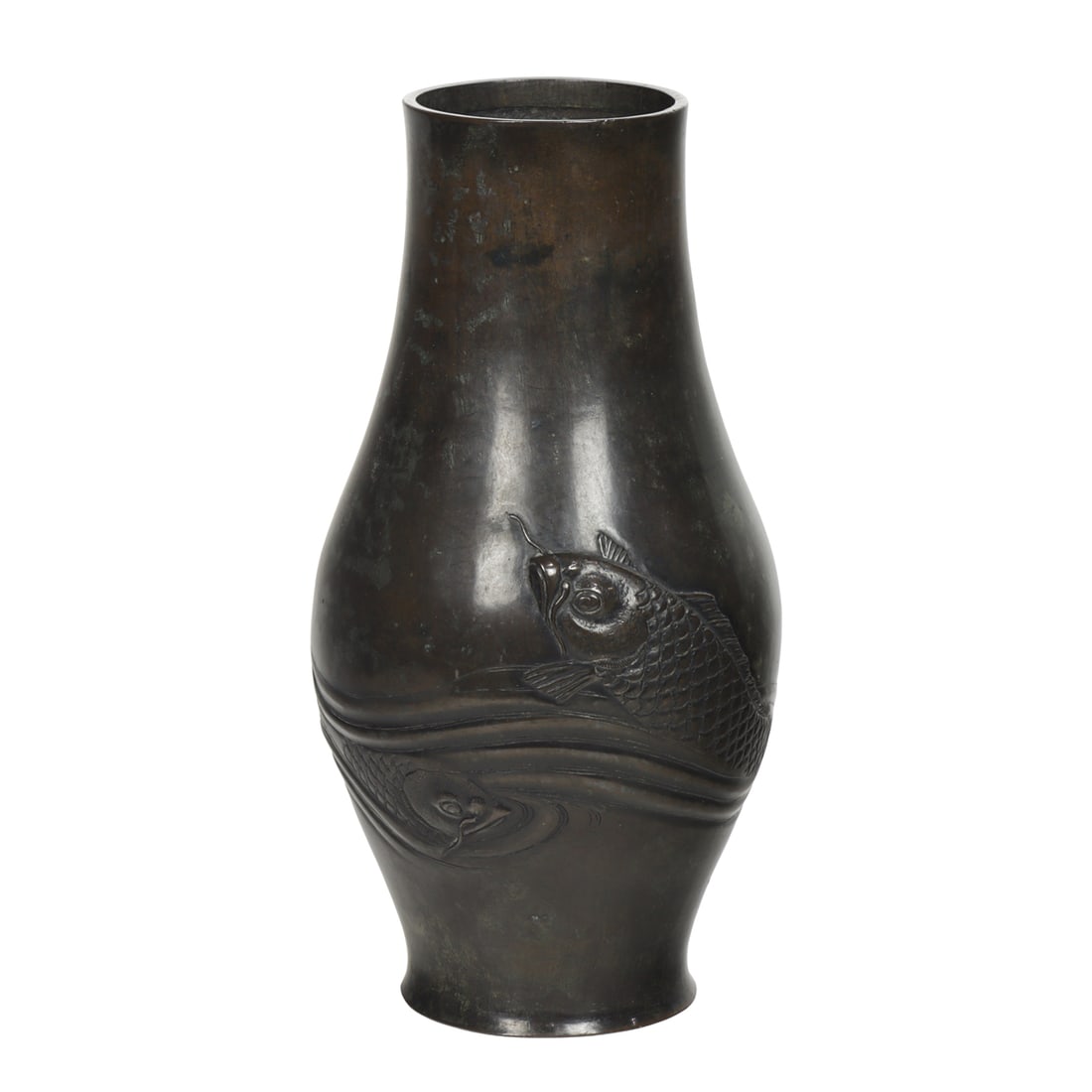 A Japanese patinated bronze 'koi' vase: A Japanese patinated bronze 'koi' vase. Signed, Meiji period, 12" high.