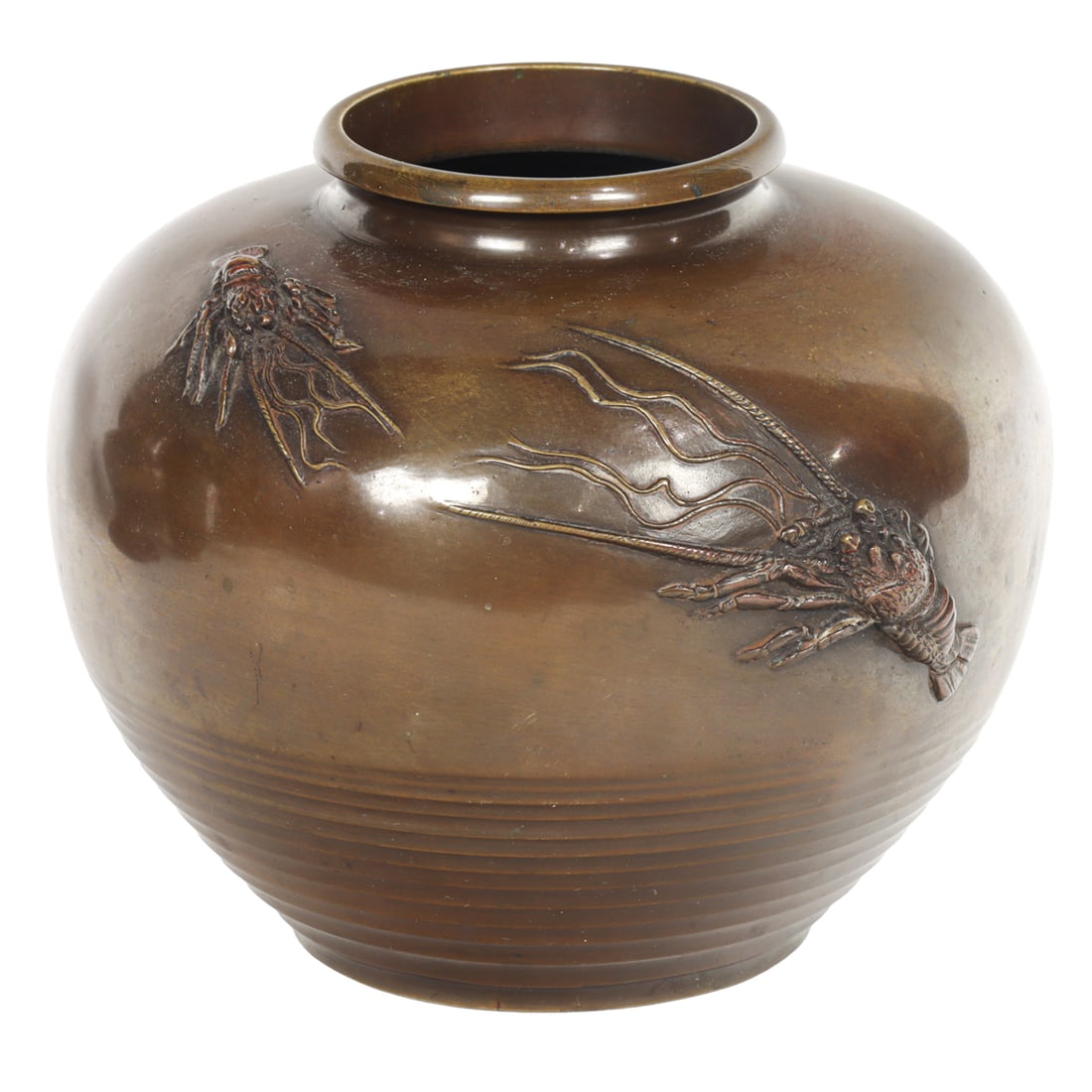 A Japanese patinated bronze 'spiny lobster' vase: A Japanese patinated bronze 'spiny lobster' vase. Meiji period, 5.875" high.