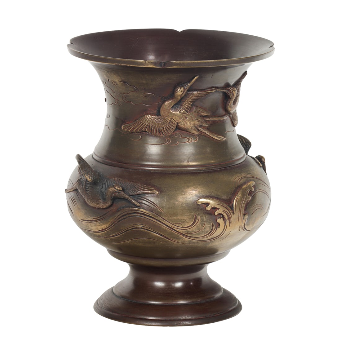 A Japanese patinated bronze 'crane' vase (1 of 2)