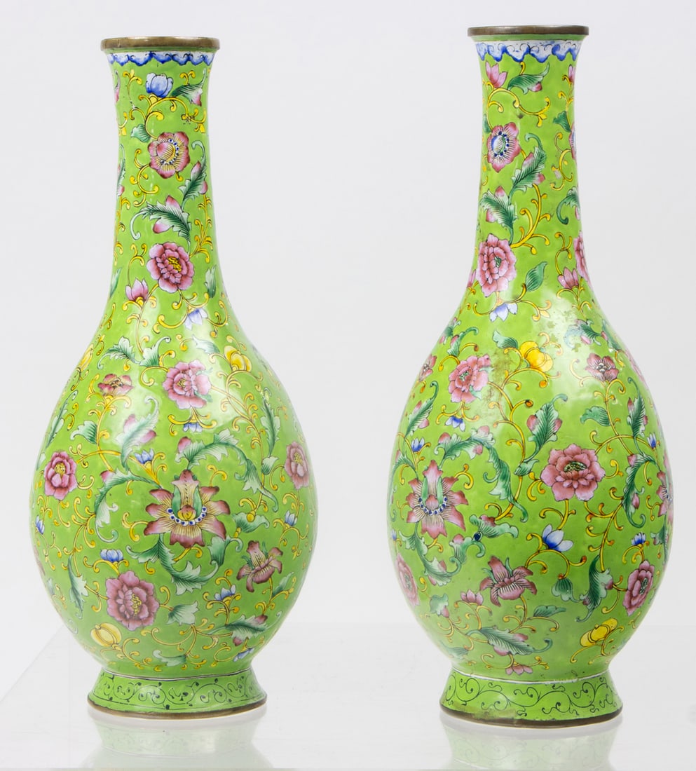A pair of Chinese lime-green ground painted enamel bottle vases (1 of 1)