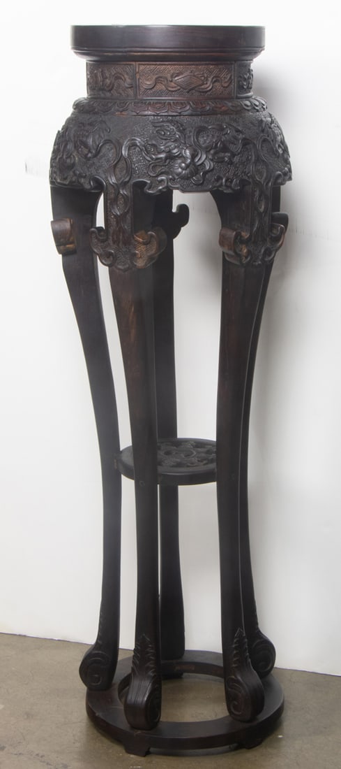 A Chinese rosewood flower stand with cloisonne enamel top: A Chinese rosewood flower stand with cloisonne enamel top. Republic period, 42.25" high.