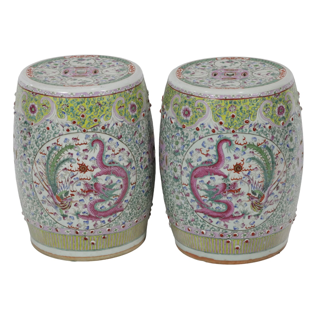 (lot of 2) Chinese famille rose 'dragon and phoenix' garden stools (1 of 1)