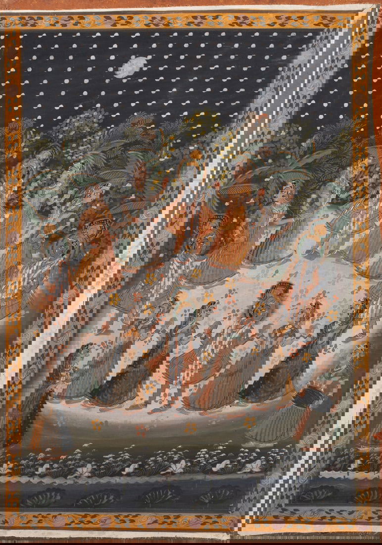 An East Indian Krishna panel: An East Indian Krishna panel. Depicting Krishna surrounded by Gopis with Rajasthani and Raas, 47.5"h x 33.25"w.