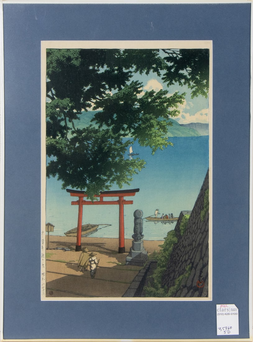 Kawase Hasui - Chuzenji at Utagahama Beach: Kawase Hasui - Chuzenji at Utagahama Beach. Woodblock print, 1931, with the Watanabe 6mm publisher's mark, framed and glazed, 15"h x 10w.