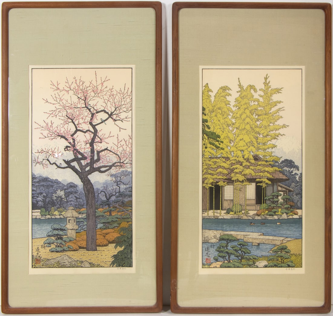 Toshi Yoshida - Friendly Garden: Toshi Yoshida - Friendly Garden. Two woodblock prints, 1980, consisting Bamboo and Plum Tree, each signed and seal marked in the image and pencil-signed lower right, framed and glazed, 20.5"h x