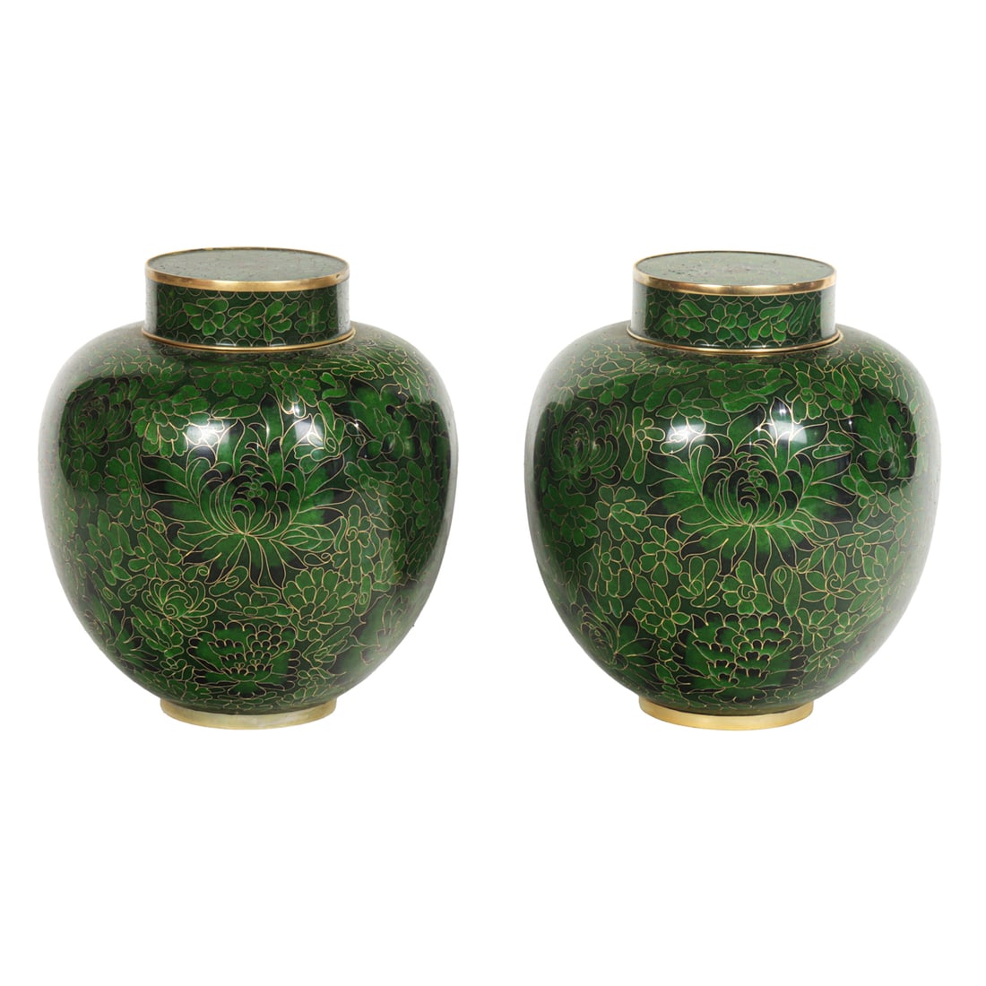 A pair of Chinese cloisonne enamel green-ground lidded jars (1 of 1)