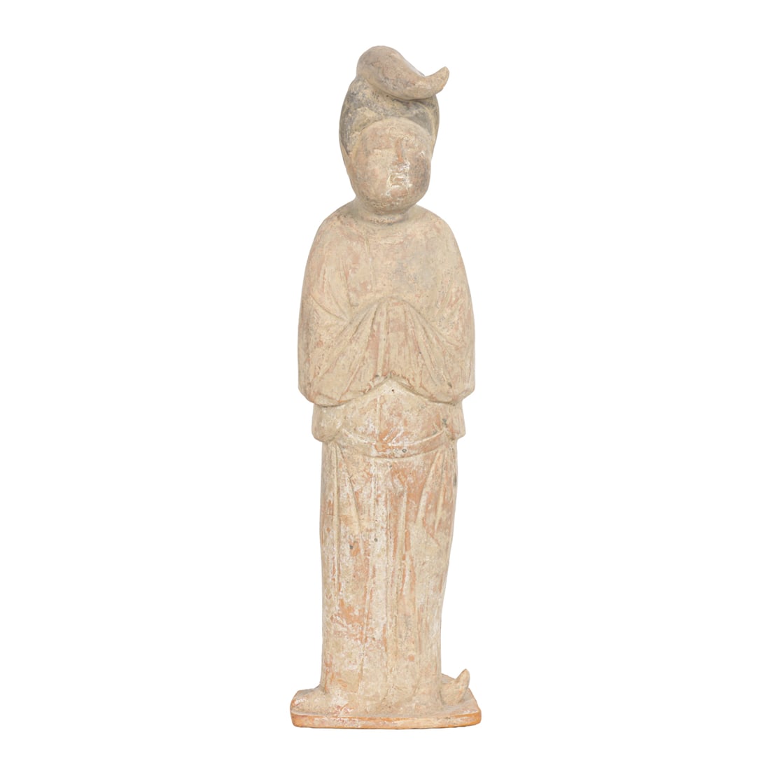 A Chinese terra cotta female tomb figure: A Chinese terra cotta female tomb figure. Tang dynasty, 15" high.
