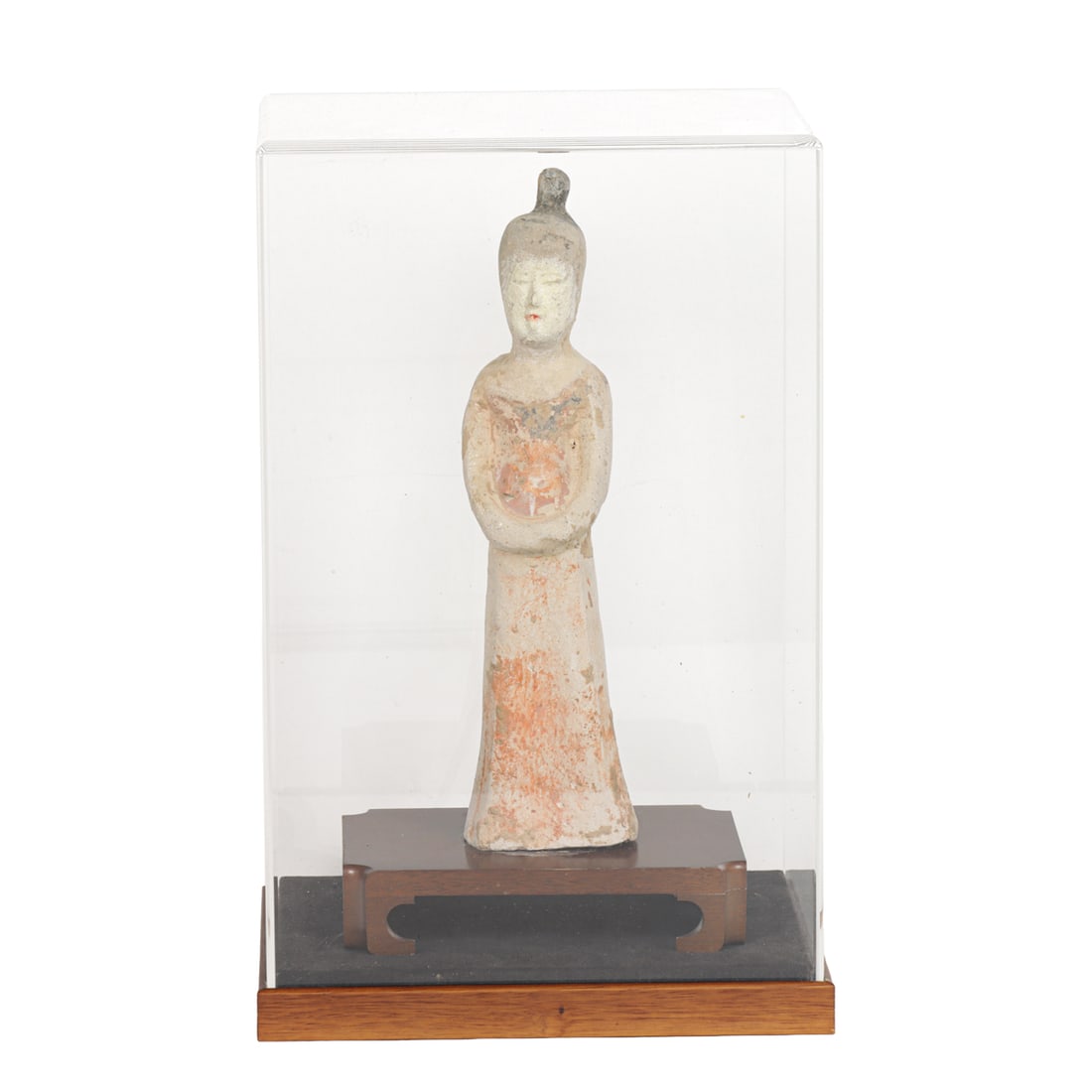 A Chinese pottery female figure: A Chinese pottery female figure. Tang dynasty, 10.25" high.