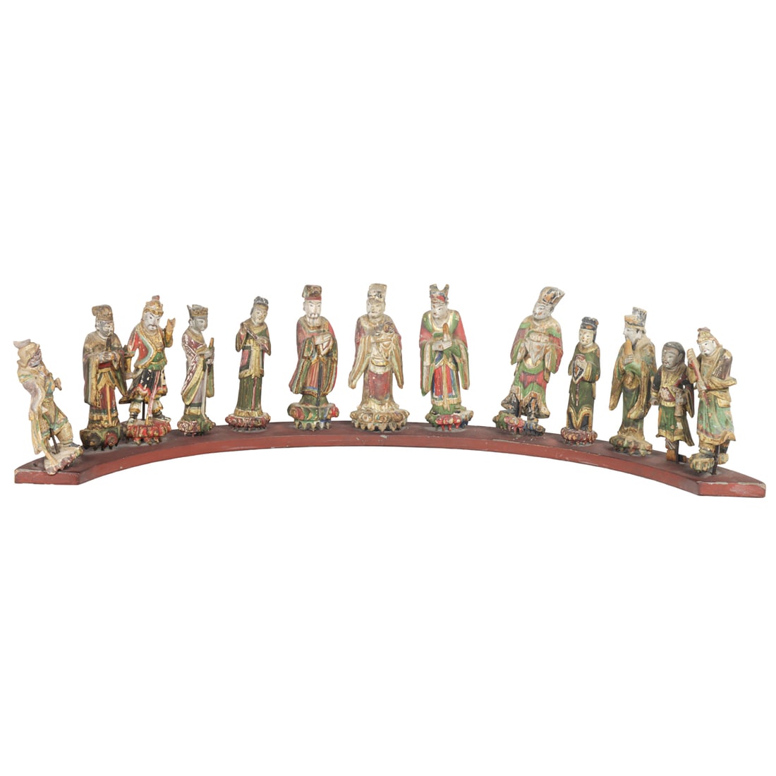 A set of 13 Chinese polychrome painted wood Daoist figures: A set of 13 Chinese polychrome painted wood Daoist figures. Qing dynasty, from 5.25" to 6.5" high.