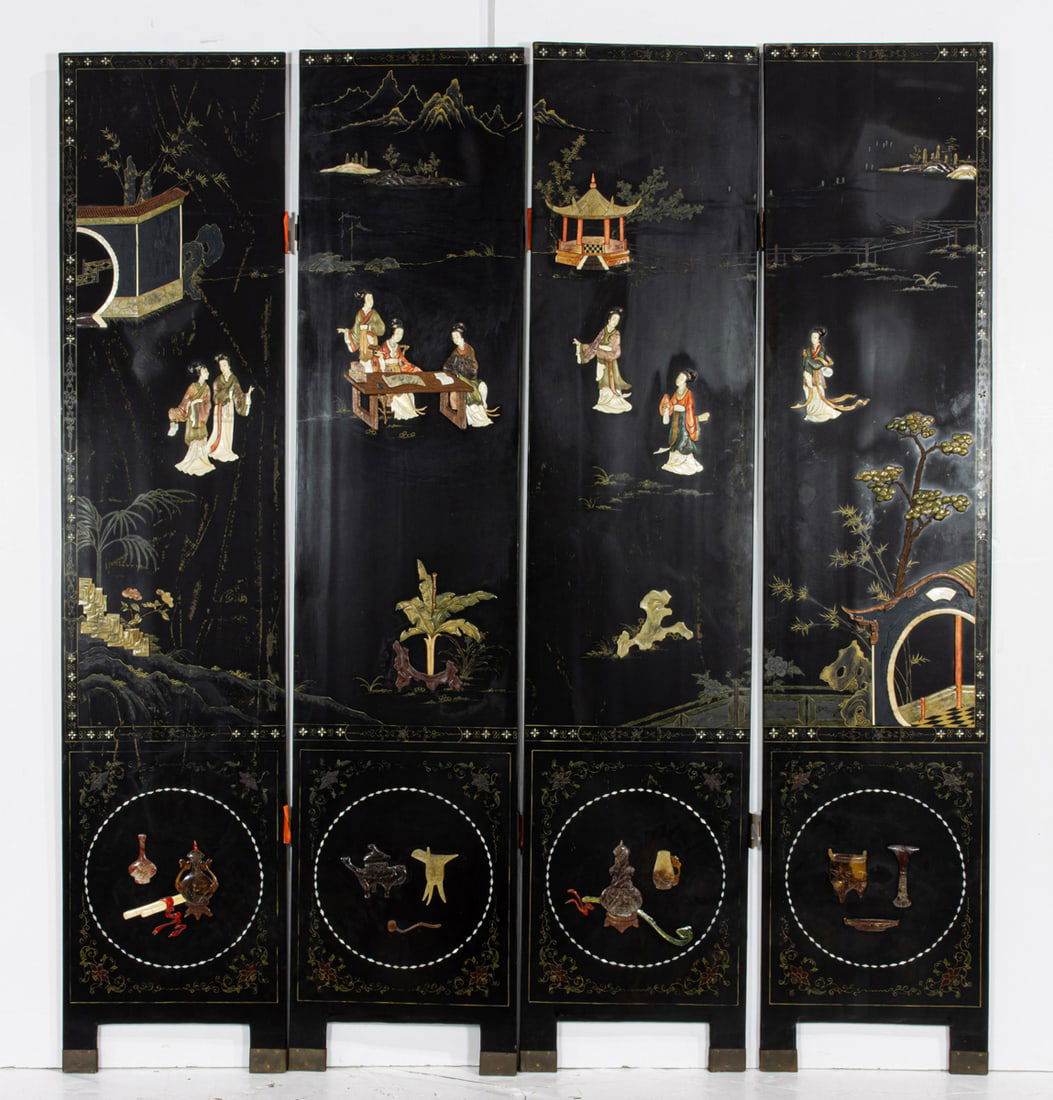 A Chinese four-panel screen with hardstone inlay (1 of 2)
