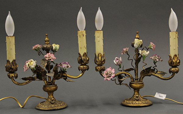 Pair of Louis XVI style gilt bronze candelabra with por