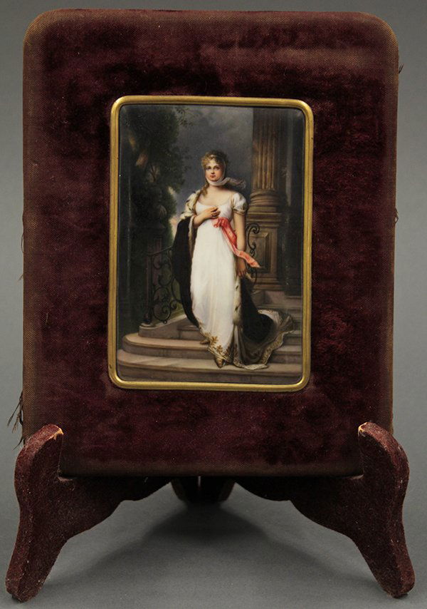 Hand painted porcelain plaque, 19th century: Hand painted porcelain plaque, 19th century, possibly KPM (backing has not been opened). Depicting a beauty dressed in flowing Empire style gown with ermine trimed cloak descending a staircase. Set ag