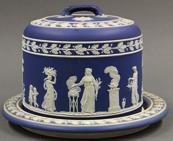 Classic Wedgwood blue Jasperware cheese keeper, circa 1: Classic Wedgwood blue Jasperware cheese keeper, circa 1900. Dome encircled with classical figures of goddesses and putti with urns and foliage. Banded with oak leaf and acorn garland at top and should