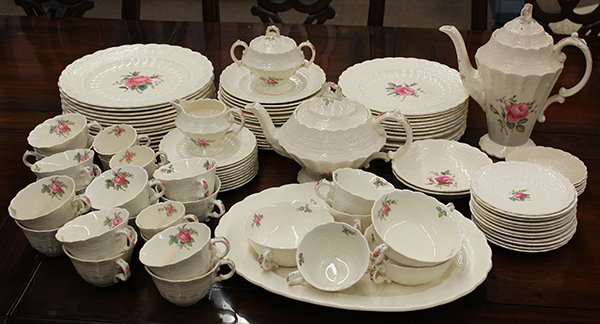 Copeland Spode Partial Service: (lot of 103) Copeland Spode partial service, Spode's Jewel pattern featuring a low relief lace effect scallop rim centering a rose spray. Pieces include 13 dinner plates, 10.5"dia., 12 luncheon plates