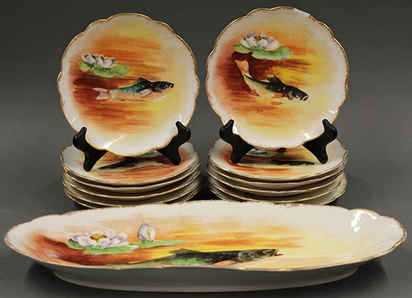 Hand painted porcelain fish service, circa 1895