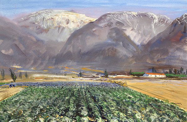 Painting, Andrew George Winter: Andrew George Winter (American 1893-1958); Farm With Mountain Peaks in the Distance, watercolor and gouache, signed lower right, sight: 13.75"h x 20.75"w, overall: 28.25"h x 34.25"w