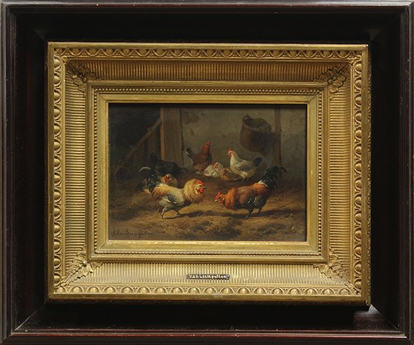 Painting, Cornelis Van Leemputten, Rooster and Hens in : Cornelis Van Leemputten (Belgian, 1841-1902), Rooster and Hens in a Barn, oil on panel, signed lower left, panel: 6.5"h x 9.5"w, overall: 16.5"h x 19.75"w