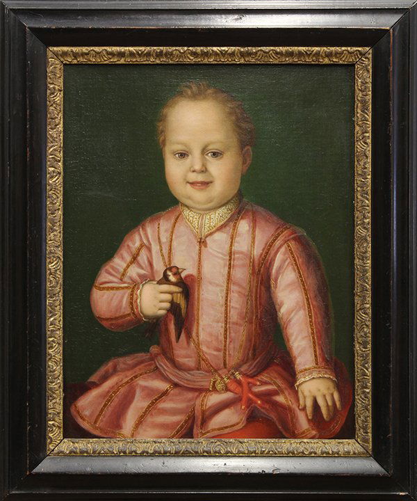 Painting, After Bronzino, Portrait of Giovanni De Medic: After Agnolo Bronzino (Italian, 1503-1572), Portrait of Giovanni De Medici (1549), oil on canvas, 19th century, unsigned, canvas: 23.25"h x 18"w, overall: 29.5"h x 24.75"w