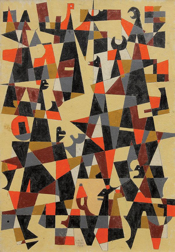 Painting, Carlos Mérida, La Composición: Carlos Mérida (Guatemalan, 1895-1984), La Composición, 1956, mixed-media on paper, signed lower center and dated, sight: 21.5"h x 15"w, overall (with frame): 29.75"h x 23.25"w