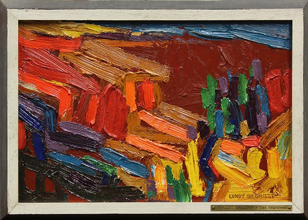 Painting, Lundy Siegriest, Marin Coast, 1950: Lundy Siegriest (Californian, 1925-1985), "Marin Coast," 1950, oil on board, signed, dated, and titled verso, having a Bolles Gallery, SF metal plaque, board: 8.5"h x 12.25"w, overall (with frame): 9.