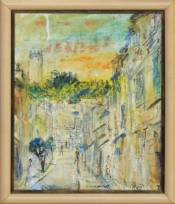 Paintings by Pascal Cucaro: (lot of 2) Pascal Cucaro (Californian, 1915-2004), Abstract Street Scene with Figures, oil on canvas, & San Francisco Street Scene with Coit Tower, oil and mixed media on board, each signed, largest o