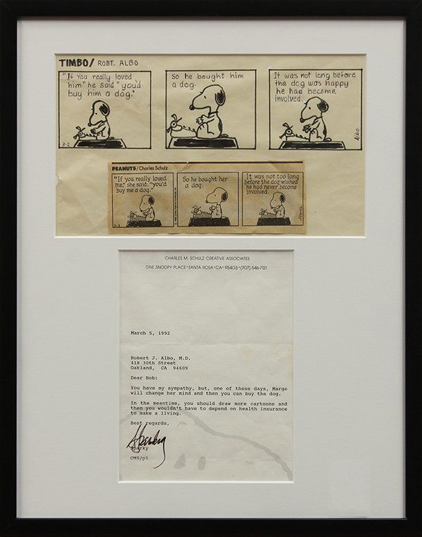 Signed letter by Charles Schulz to Robert Albo: Cartoon by Dr. Robert Albo, "Timbo," after a comic by Charles Schulz (Californian, 1922-2000), titled and signed "Albo" lower right, accompanied by a signed letter to Robert Albo from Charles Schulz,