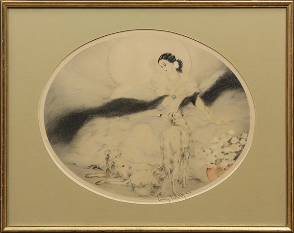 Print, Louis Icart, Lady with Dogs