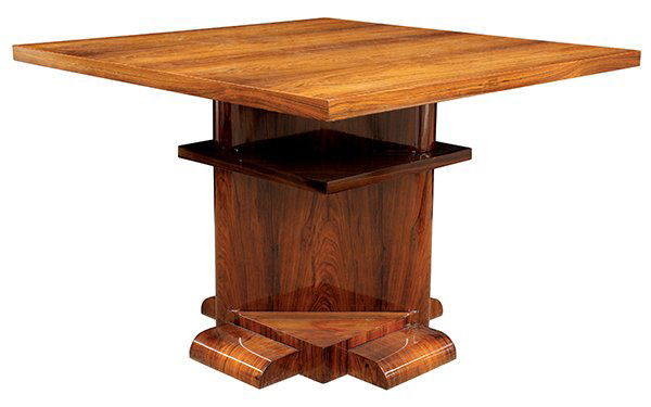 Larry Lazlo LL 500 game table for John Widdicomb: Larry Lazlo LL 500 game table for John Widdicomb, executed in rosewood, the square top above a tiered base centered with an oval support and rising on a geometric footed base, retains original plaque