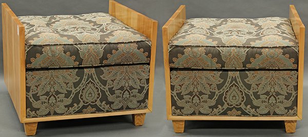 Pair of French Moderne style cube chairs: Pair of French Moderne style cube chairs, the plank maple sides framing the paisley upholstered seat and rising on tapered legs, 21.5"h x 26" square