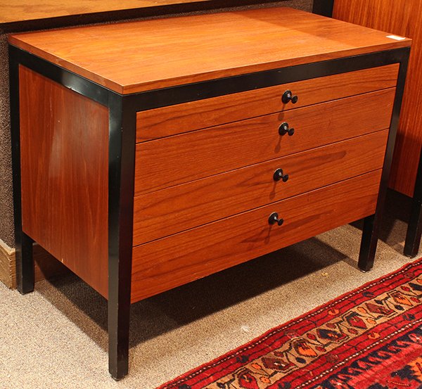 George Nelson for Herman Miller 0200 series low chest: Scarce George Nelson for Herman Miller 0200 series low chest, 1961. Teak veneered 4 drawer chest with ebonized wood frame and black pulls. Raised on square feet. With original drawer dividers and foil
