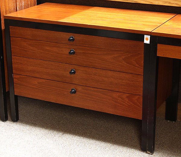 George Nelson for Herman Miller 0200 series low chest: Scarce George Nelson for Herman Miller 0200 series low chest, 1961. Teak veneered 4 drawer chest with ebonized wood frame and black pulls. Raised on square feet. With original drawer dividers and foil