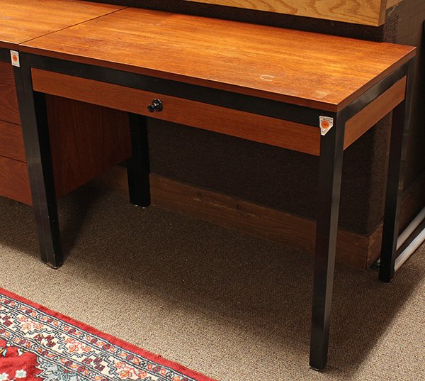 George Nelson for Herman Miller 0200 series vanity/desk: Scarce George Nelson for Herman Miller 0200 series vanity/desk, 1961. Teak veneered with ebonized wood frame and black pull. Raised on square black ebonized legs. With original drawer dividers and foi