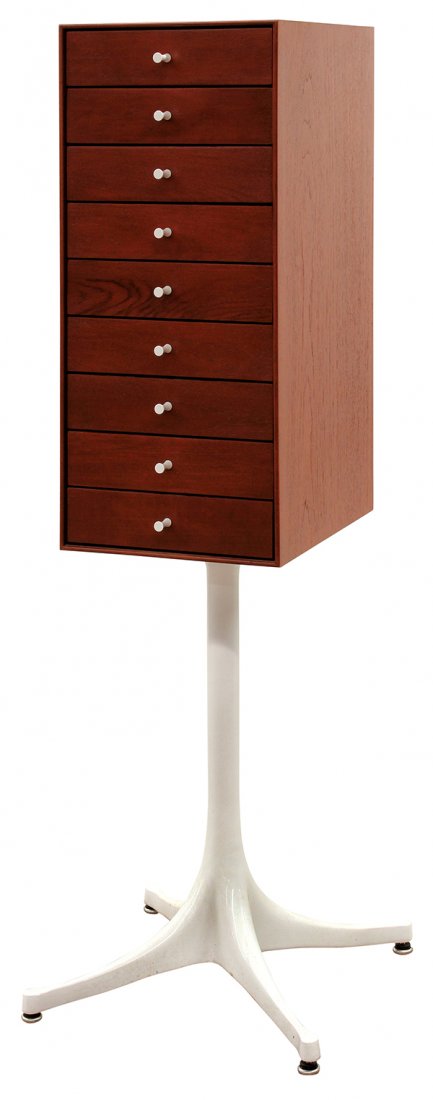 George Nelson for Herman Miller miniature chest: George Nelson for Herman Miller miniature chest. Recent re-issue of a 1950's design. Nine drawer rosewood veneer chest on white powder-coated aluminum propeller base. 44"h x 10"w x 13"d.