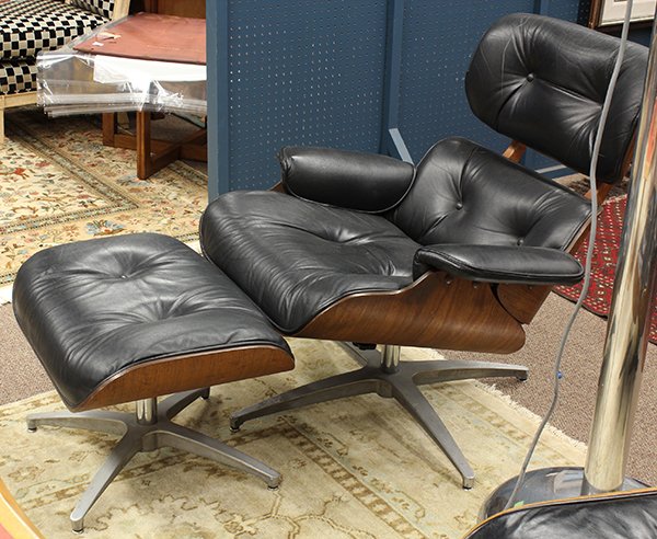 Mid century lounge chair and ottoman in the style of Ea