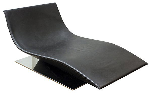"Lofty" chaise by Piergiorgio Cassaniga: "Lofty" chaise by Piergiorgio Cassaniga, circa 2004. A curving chair that conforms to the contours of the body, the low slung design balancing on a point rising from the nickel plated rectangular base