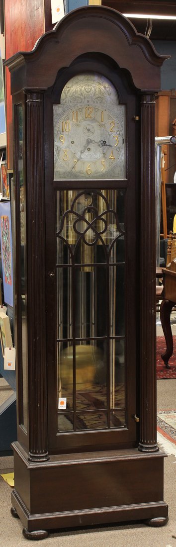 Herschede 5 tube tall case clock, circa 1925: Herschede 5 tube tall case clock, circa 1925. Case with arched pediment, fluted full columns, glass door, and sidelites. Resting on rectangular plinth with bun feet. Engraved dial and surround with af