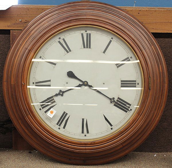 E.N. Welch 30 day gallery clock: E.N. Welch 30 day gallery clock, late 19th century. Monumental round wall clock with molded oak frame, painted metal dial with Roman numerals, and pierced hands. Forrestville Conn. 37" dia.