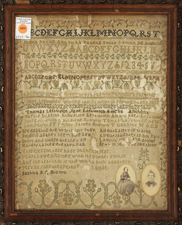 Victorian embroidered sampler/marriage register, circa : Victorian embroidered sampler/marriage register, circa 1820. Executed in silk on silk with alphabet work, flowers, and vines and a list of marriages of the Leftwich family beginning with Johsua Brown 